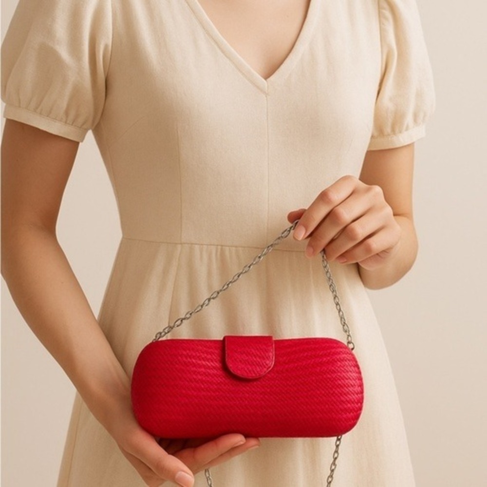 Red Woven Clutch Purse with Chain Strap Structured Oval Handbag with Inner Pocke